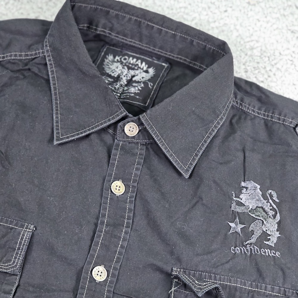 Koman Shirt Mens 3XL Short Sleeve Button Up Embroidered Lion Confidence Patch